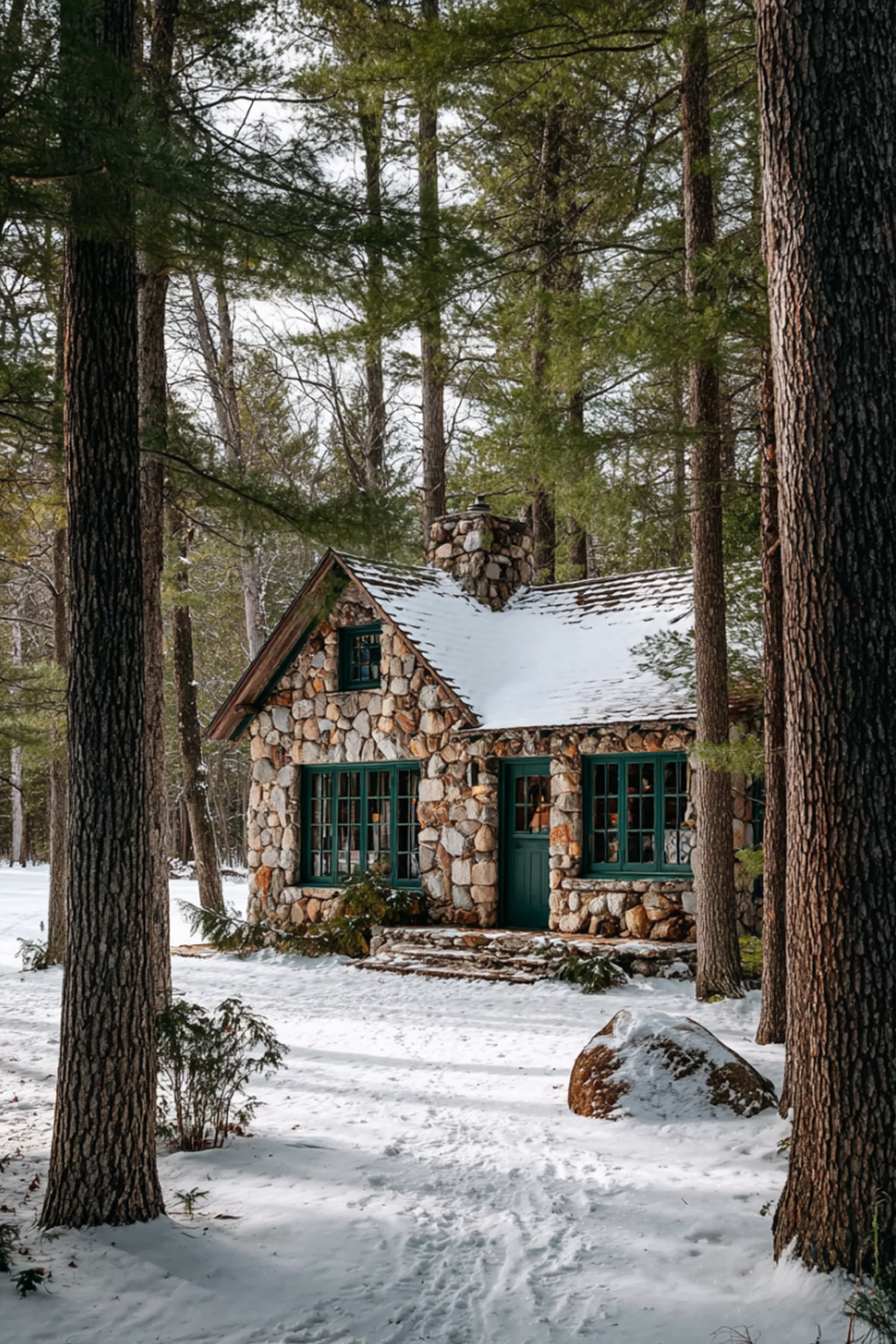 A Cozy Stone Cabin Hidden in the Winter Pines