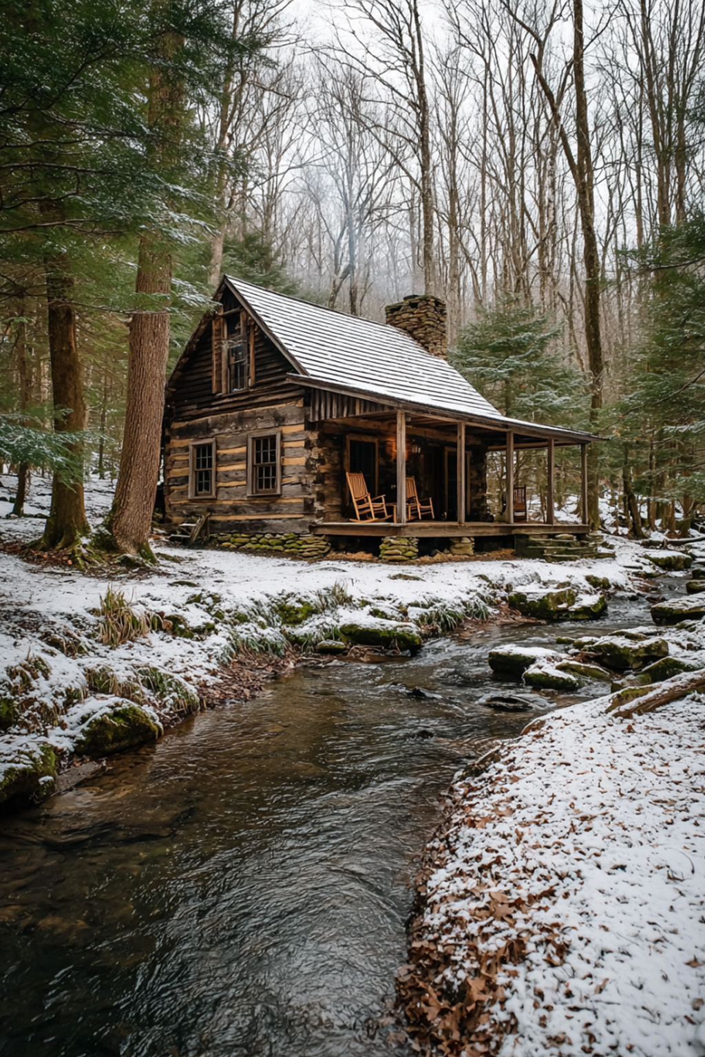 A Peaceful Cabin Retreat Hidden in the Winter Woods