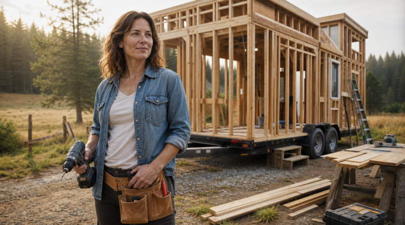 Claire Bennett standing beside the framed shell of her tiny house