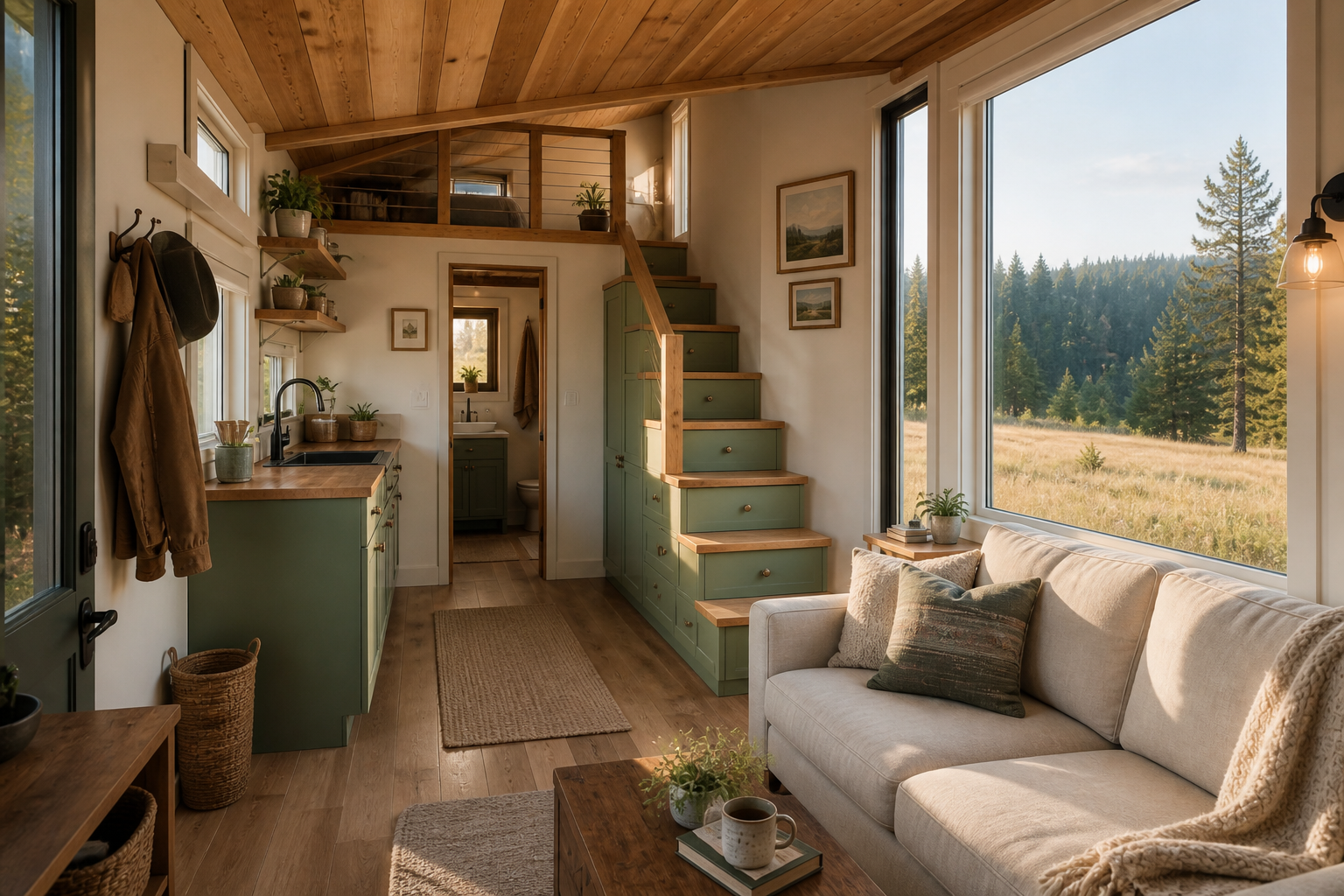 The finished sage-green and cedar interior of Claire's tiny home