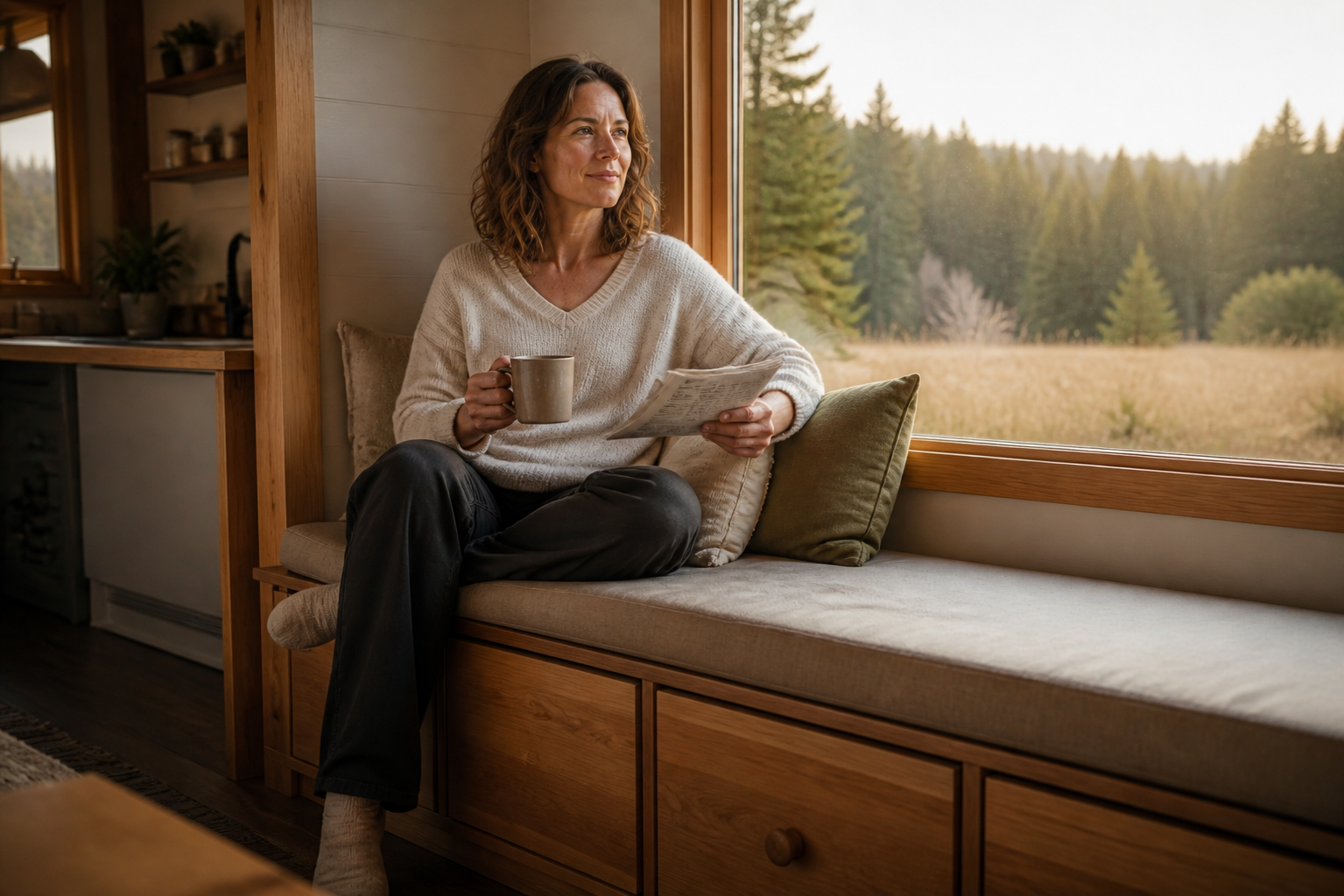 Claire sitting on the storage bench inside her completed tiny home