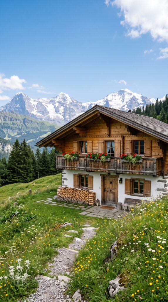 Exterior view of a wooden alpine chalet with a carved balcony, surrounded by wildflowers and snow-capped mountains.