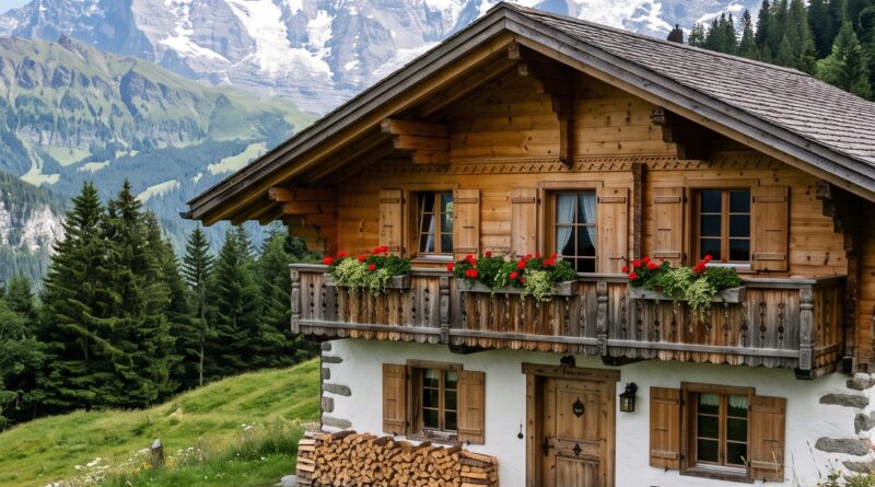 Exterior view of a wooden alpine chalet with a carved balcony, surrounded by wildflowers and snow-capped mountains.