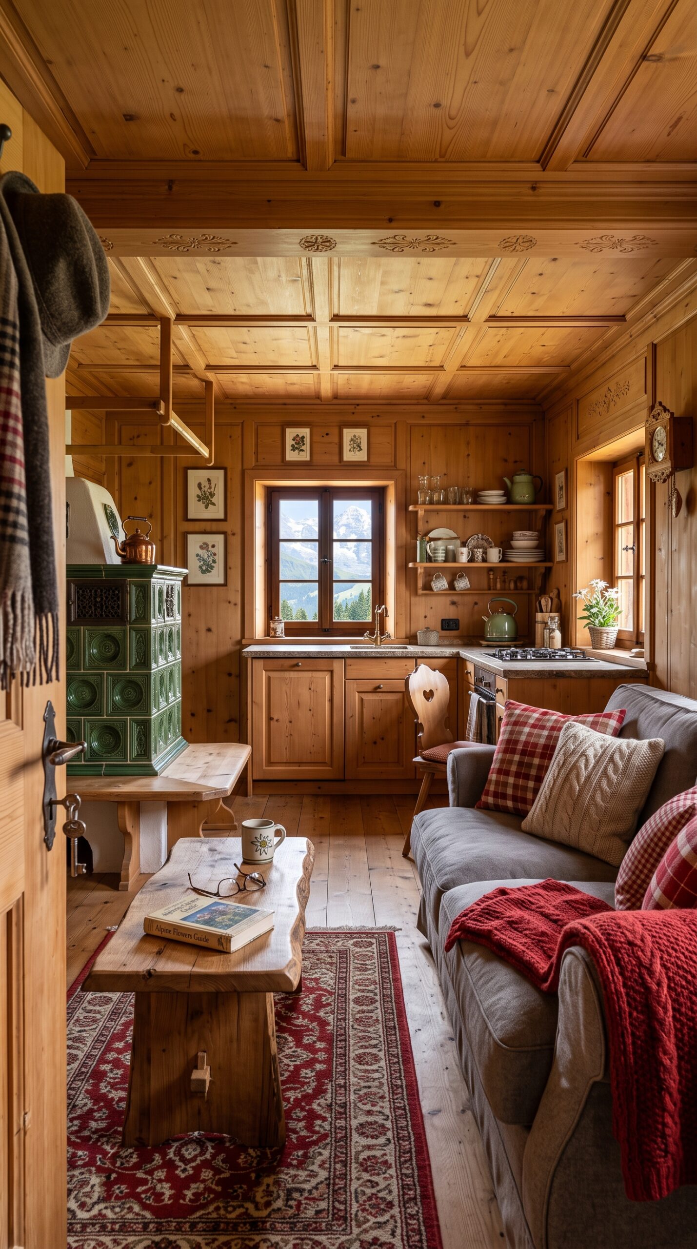Cozy interior of an alpine chalet living room and kitchen area with wood paneling and a green tiled stove.