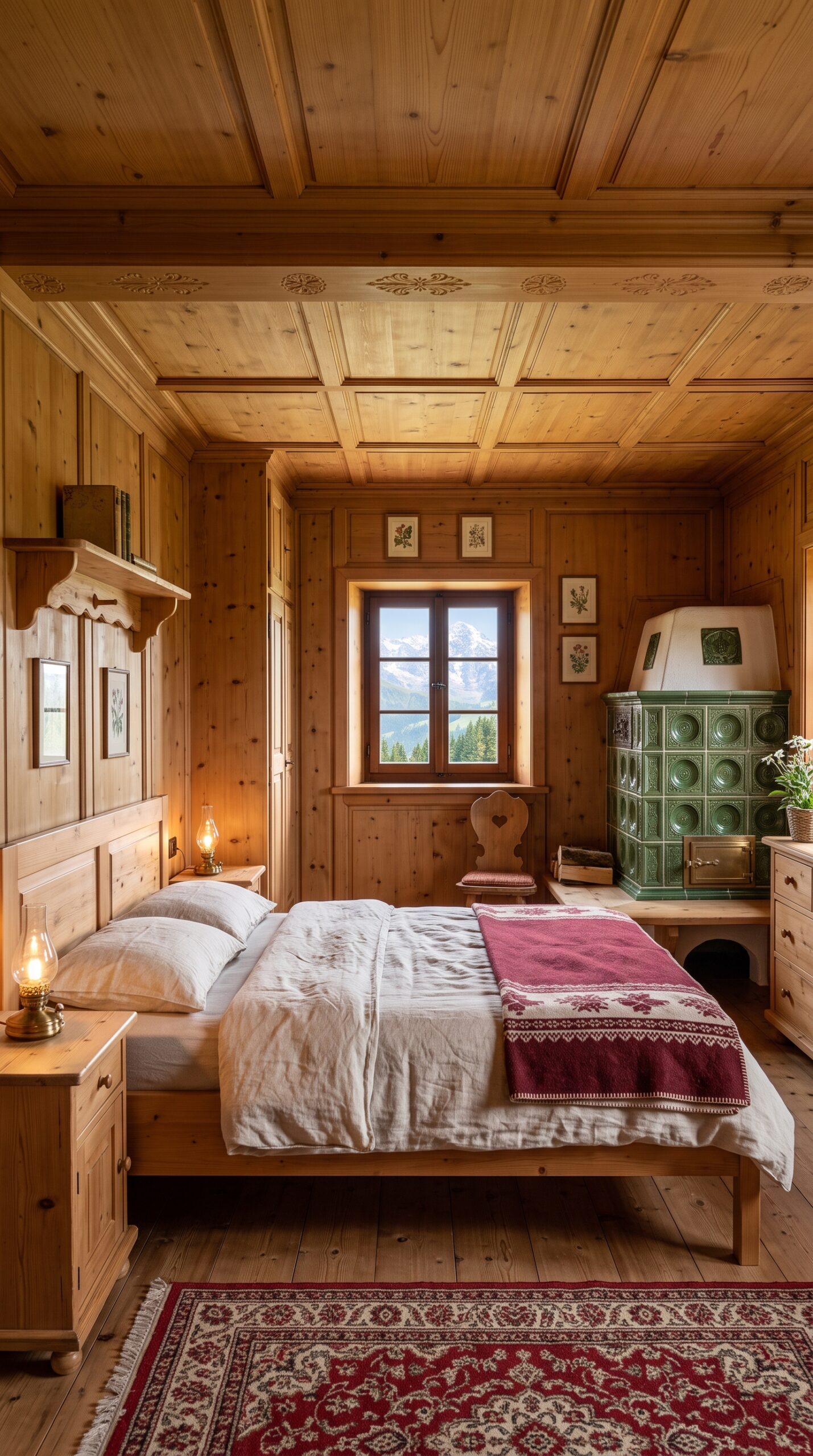Bedroom of the alpine chalet featuring a wooden bed, wood-paneled walls, and a window overlooking mountains.