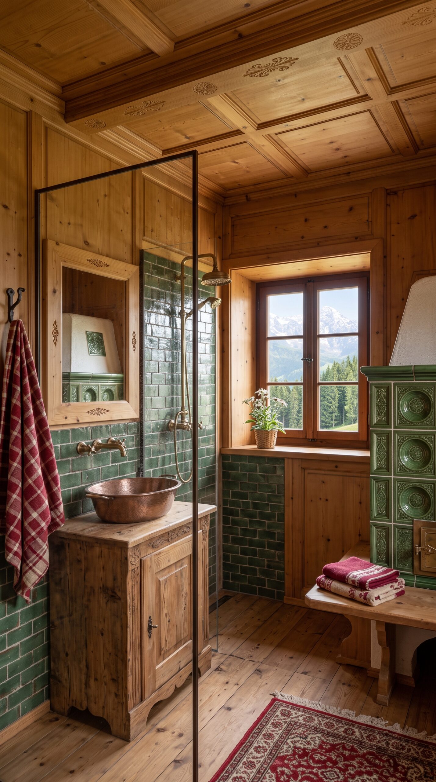 Bathroom with green tiled shower, copper sink on a wooden vanity, and wood paneling, showing mountain views.