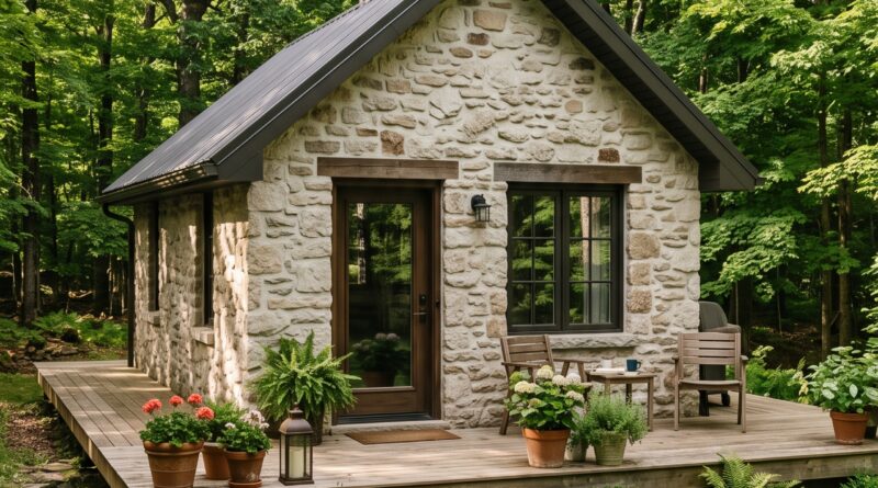 Exterior view of a stone cottage with a dark roof and a large wooden deck surrounded by a lush forest.