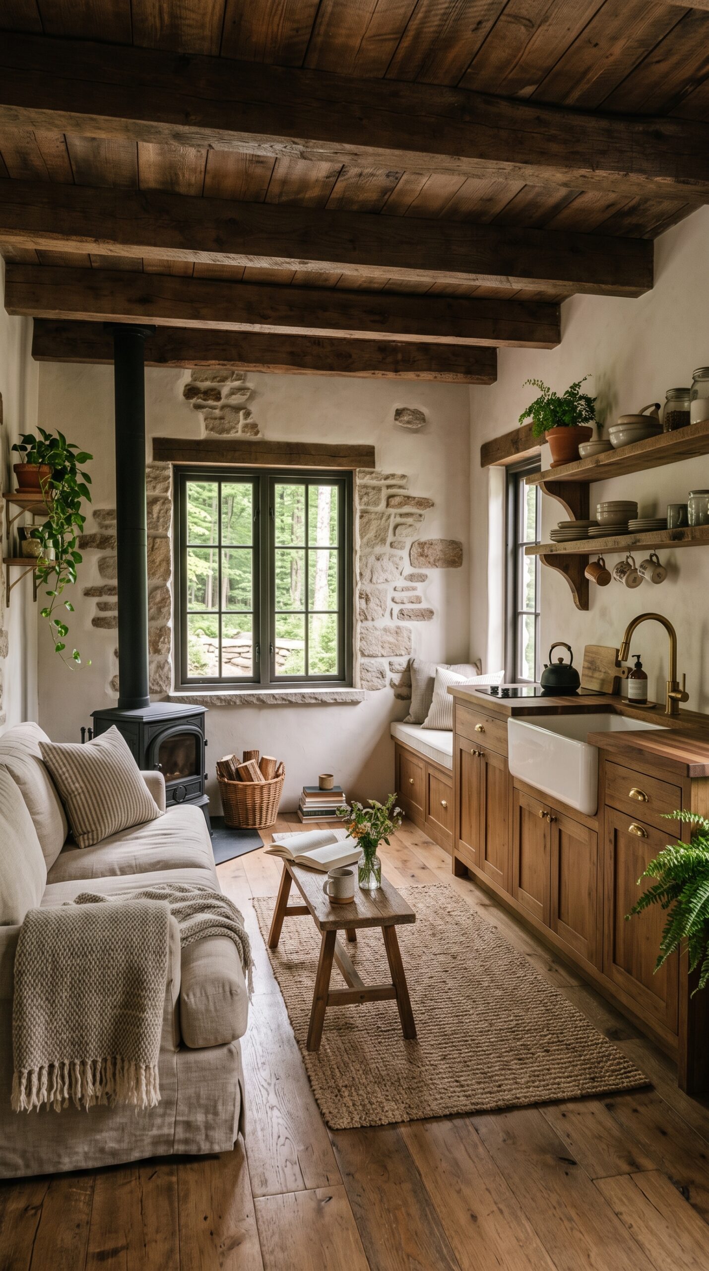 Interior view of the main living area with a sofa, wood stove, and a kitchen featuring wooden cabinets and a farmhouse sink.