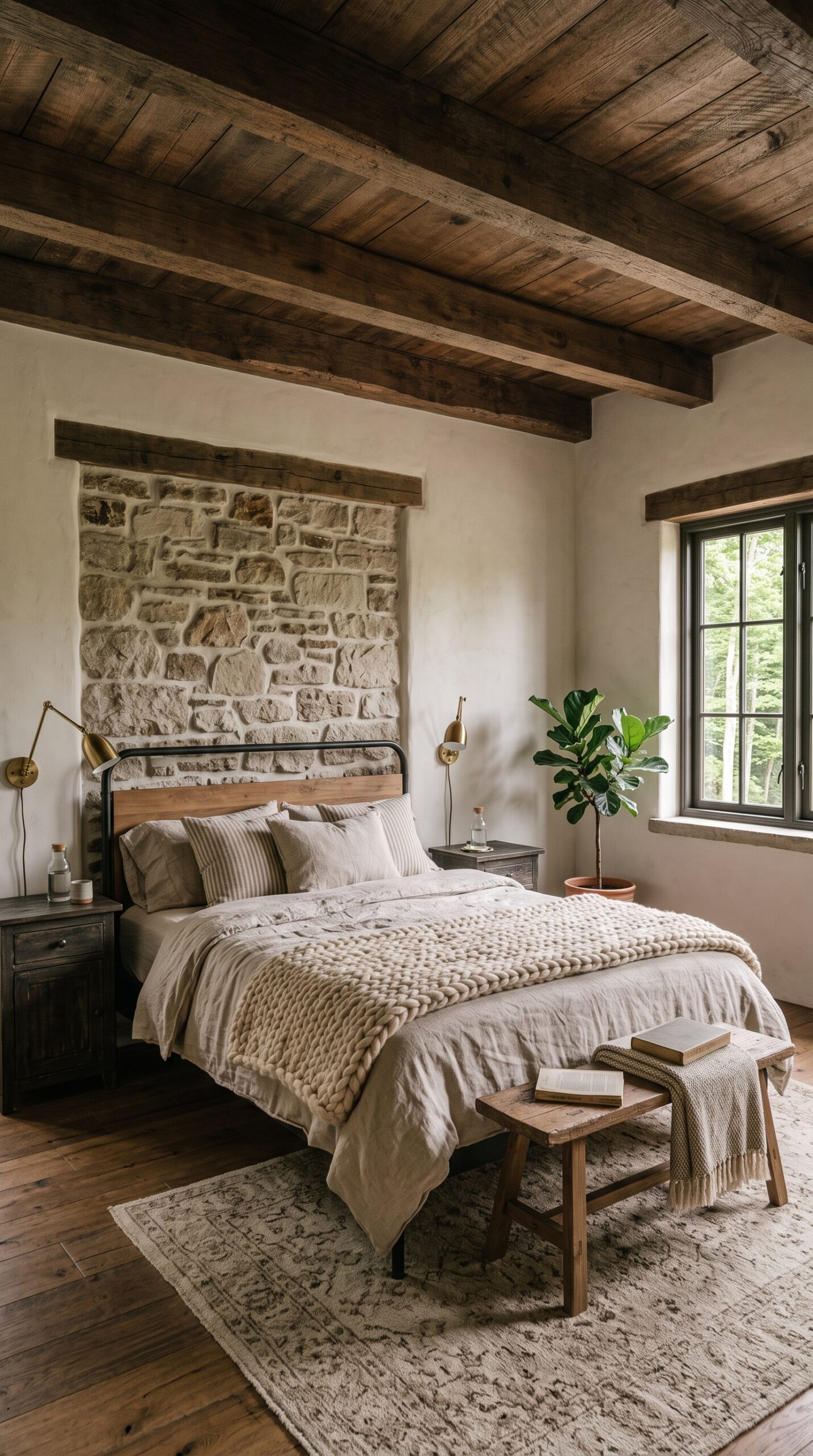 Bedroom with a stone accent wall behind the bed, a wooden ceiling, and a large window overlooking the trees.