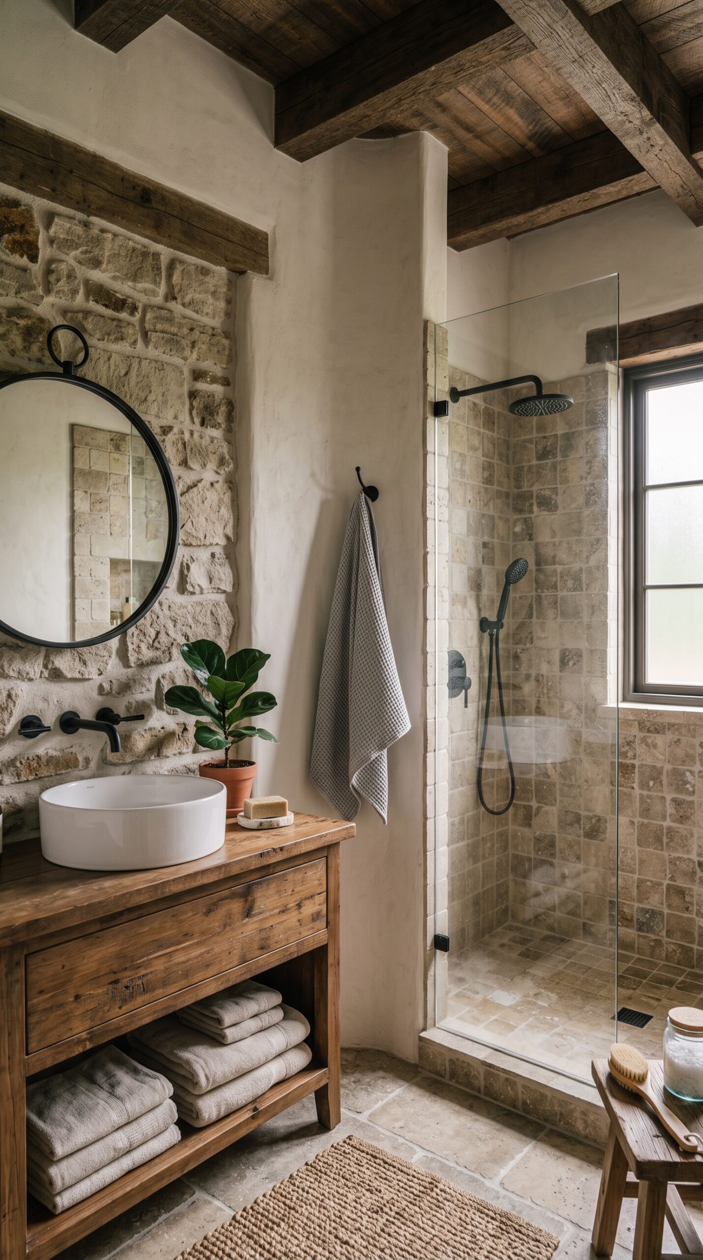 Bathroom with a stone and stucco wall, a wooden vanity, a round mirror, and a tiled walk-in shower.