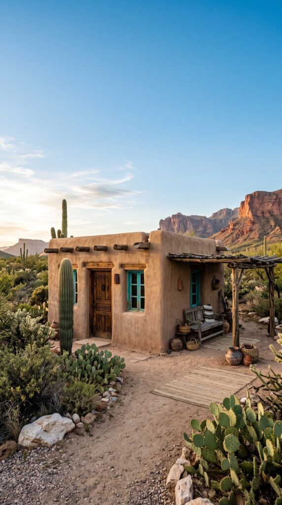 Exterior view of a small adobe house with turquoise windows in a desert landscape with cacti and mountains.
