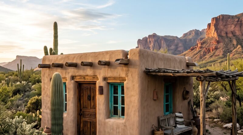 Exterior view of a small adobe house with turquoise windows in a desert landscape with cacti and mountains.