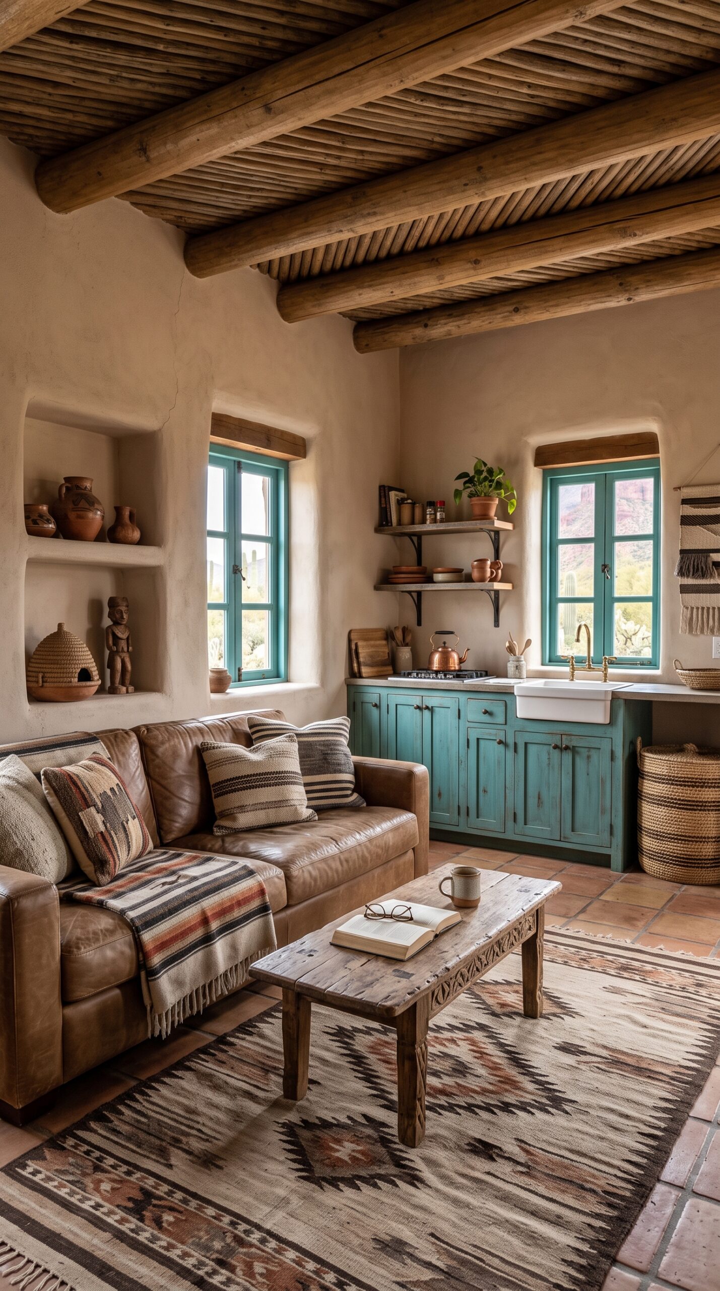 Interior view of a living room and kitchen with a brown leather sofa, patterned rug, and turquoise cabinets.