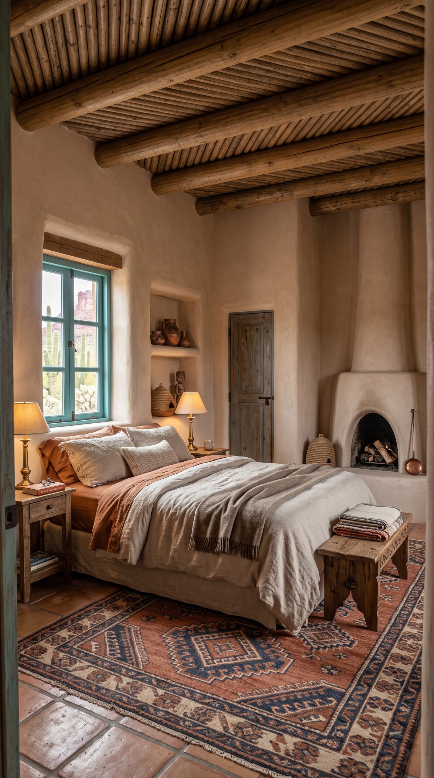 Bedroom with a large bed, kiva fireplace, and turquoise window overlooking the desert.