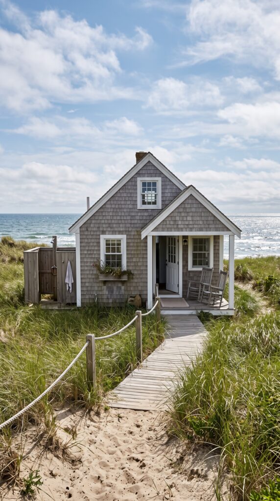 A weathered grey shingle beach cottage with a small porch and rocking chairs, a boardwalk leading to the door, and an outdoor shower, set among sand dunes with the ocean in the background under a cloudy sky.
