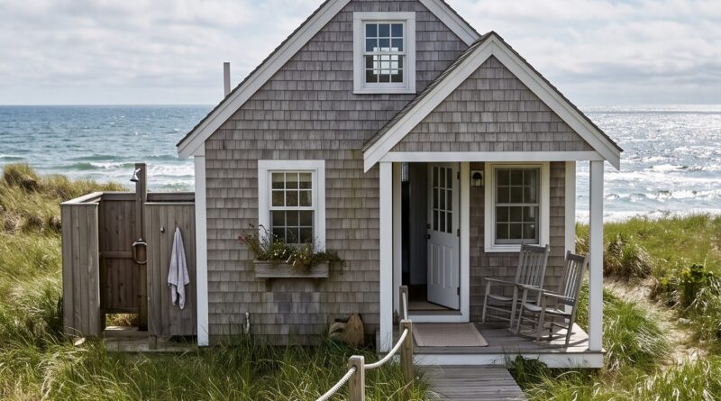 A weathered grey shingle beach cottage with a small porch and rocking chairs, a boardwalk leading to the door, and an outdoor shower, set among sand dunes with the ocean in the background under a cloudy sky.