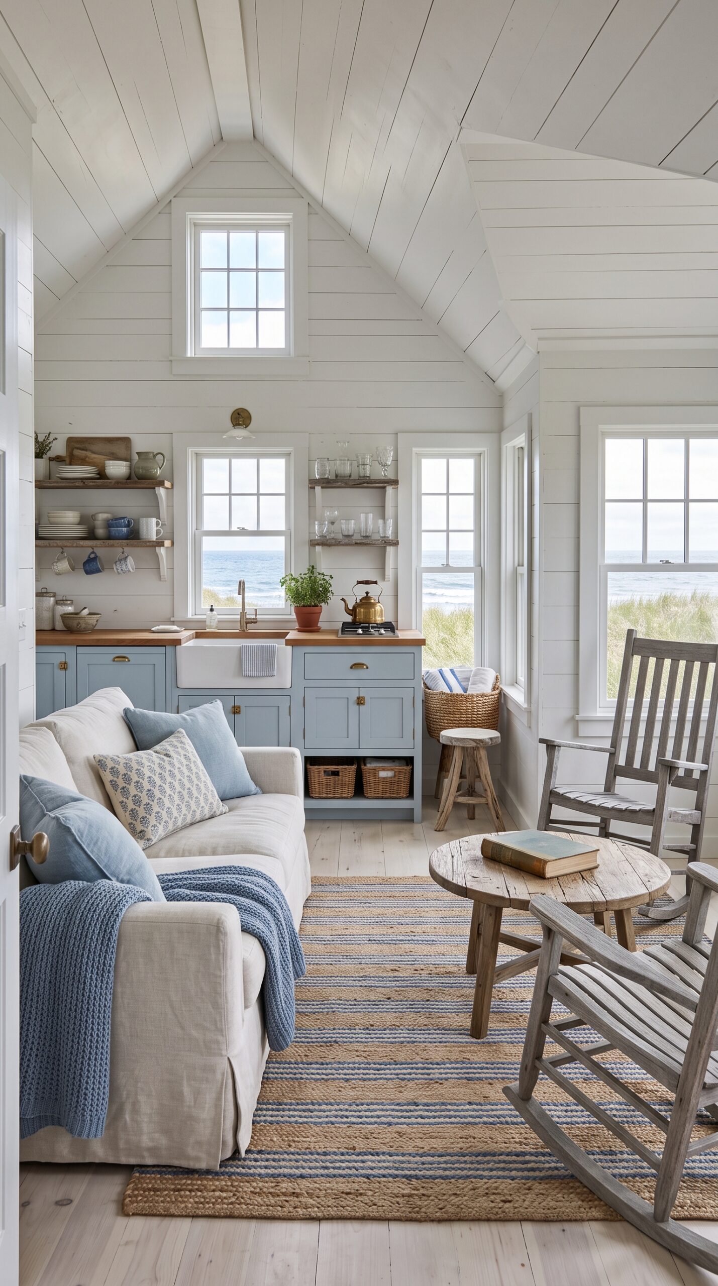 The interior living room and kitchen of the beach cottage, featuring white shiplap walls, vaulted ceilings, light wood floors, a white sofa, blue kitchen cabinets, and multiple windows overlooking the ocean and dunes.