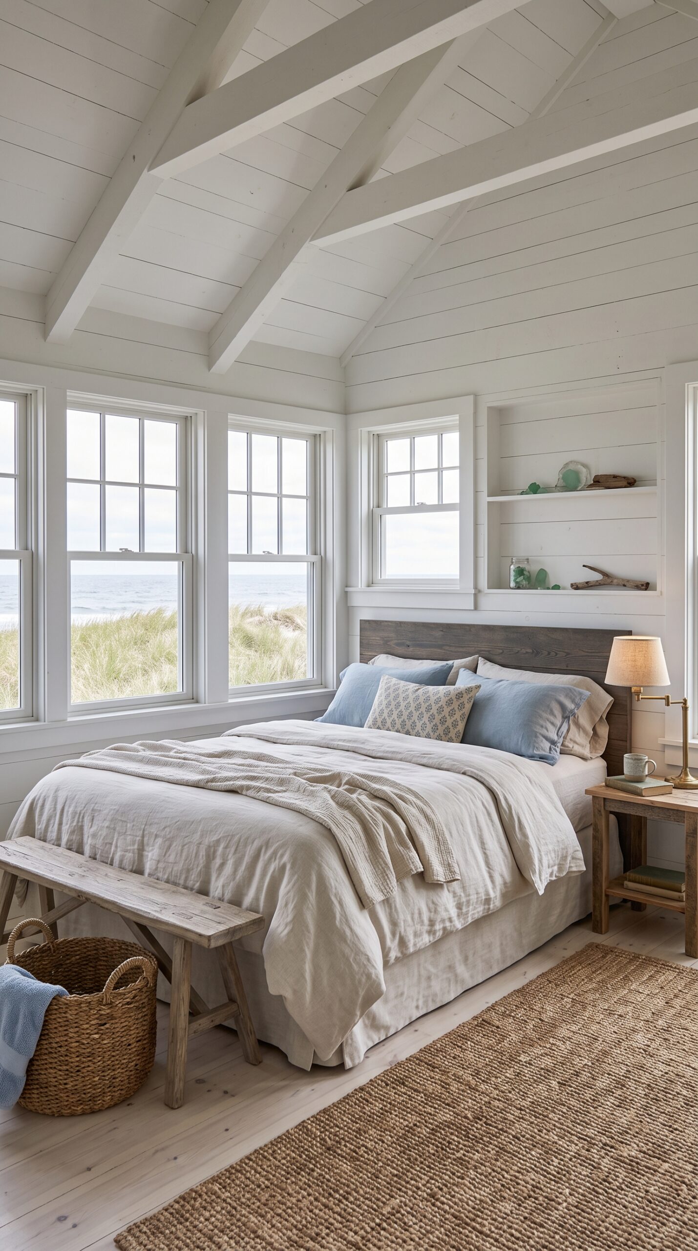 A serene bedroom in the beach cottage with a large bed dressed in natural linens, a wooden bench, and multiple windows offering expansive views of the dunes and ocean, with white shiplap walls and a vaulted ceiling.