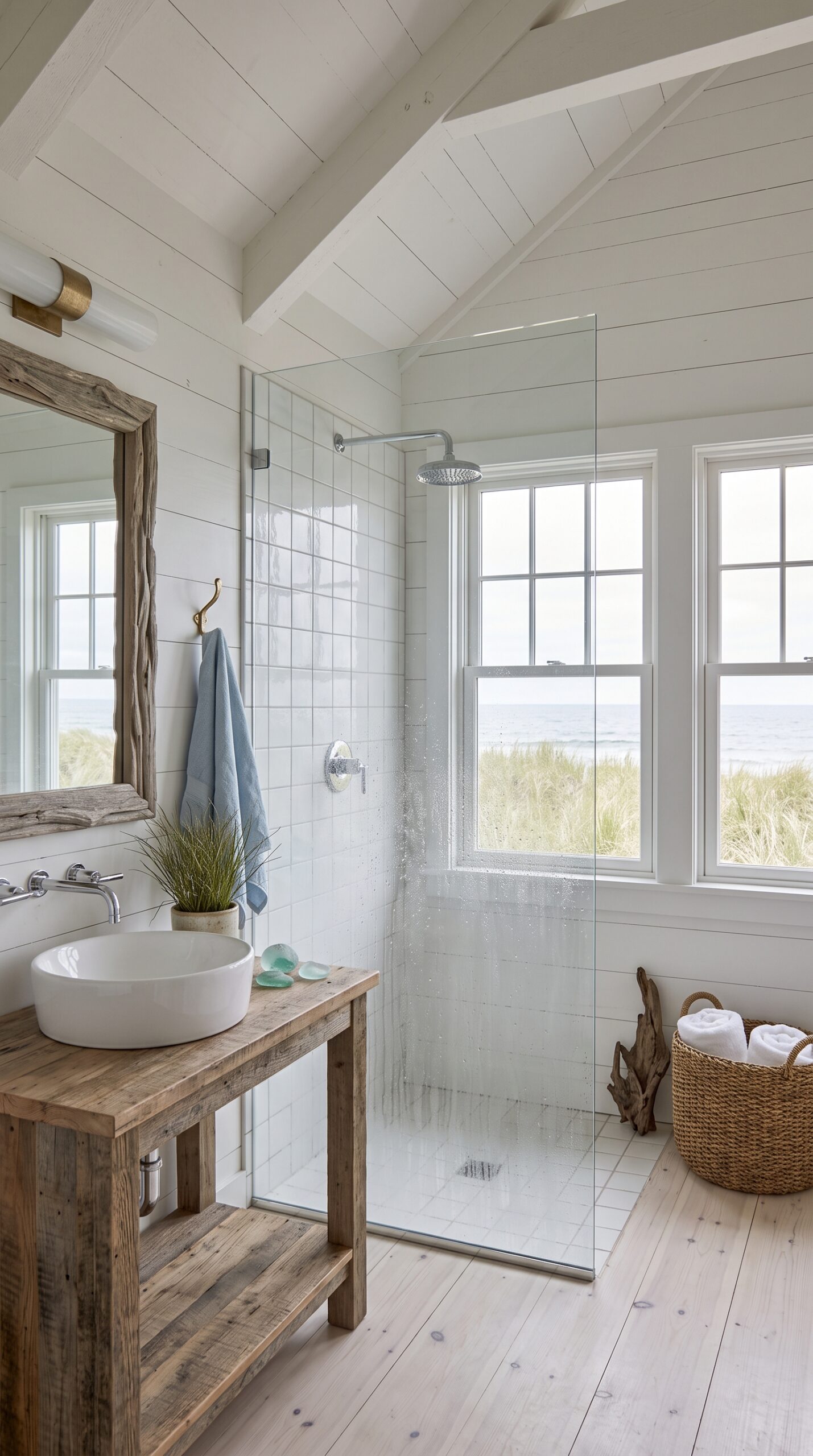 A bright bathroom in the beach cottage featuring a walk-in shower with white subway tiles, a rustic wooden vanity with a vessel sink, a mirror framed in driftwood, and windows looking out to the ocean and dunes.