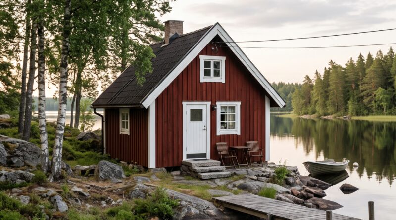 A charming red lakeside cabin with a wooden dock and a small boat reflecting in the calm water.