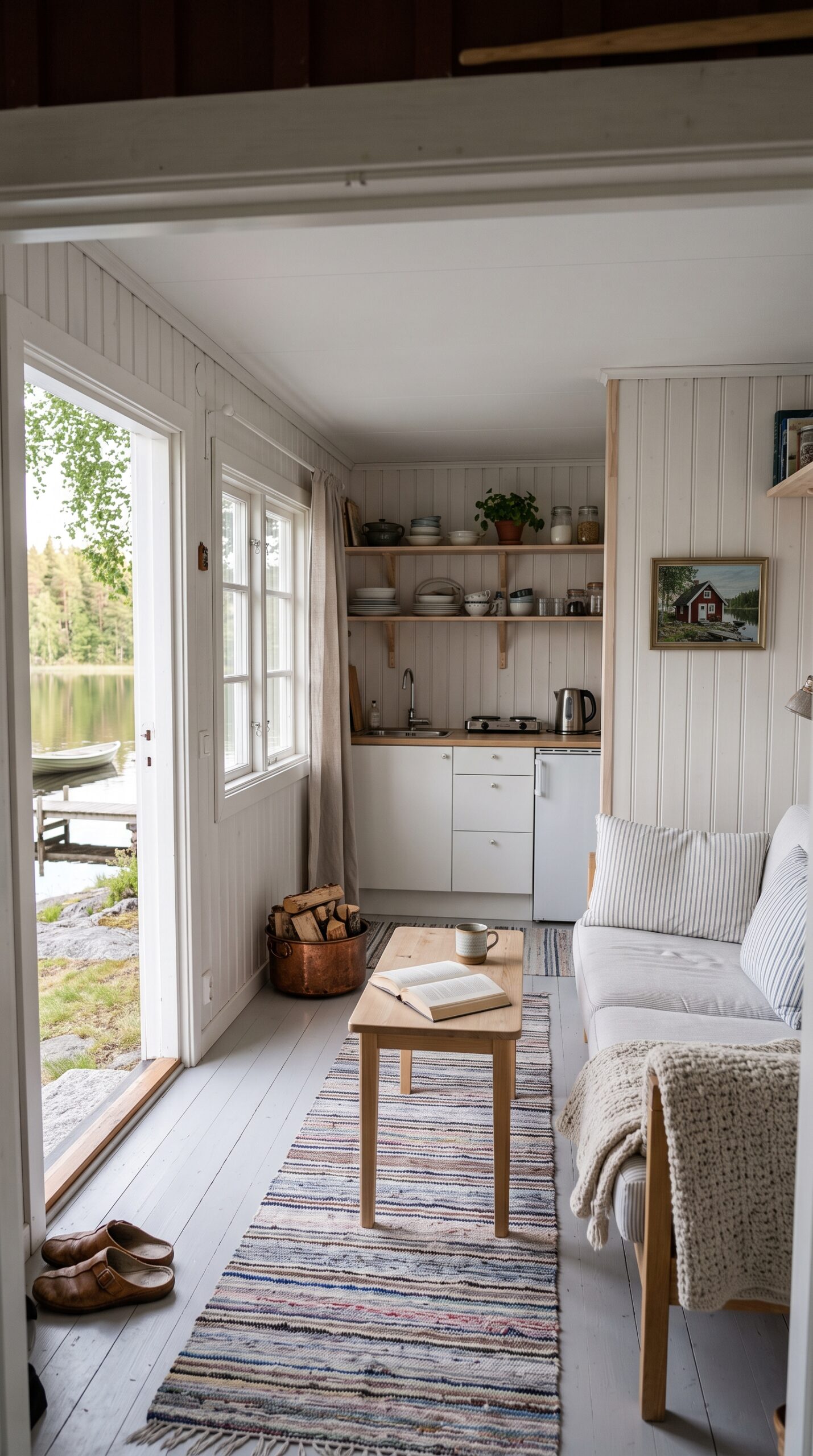 A bright interior living area of the cabin with a compact kitchen, sofa, and view of the lake.