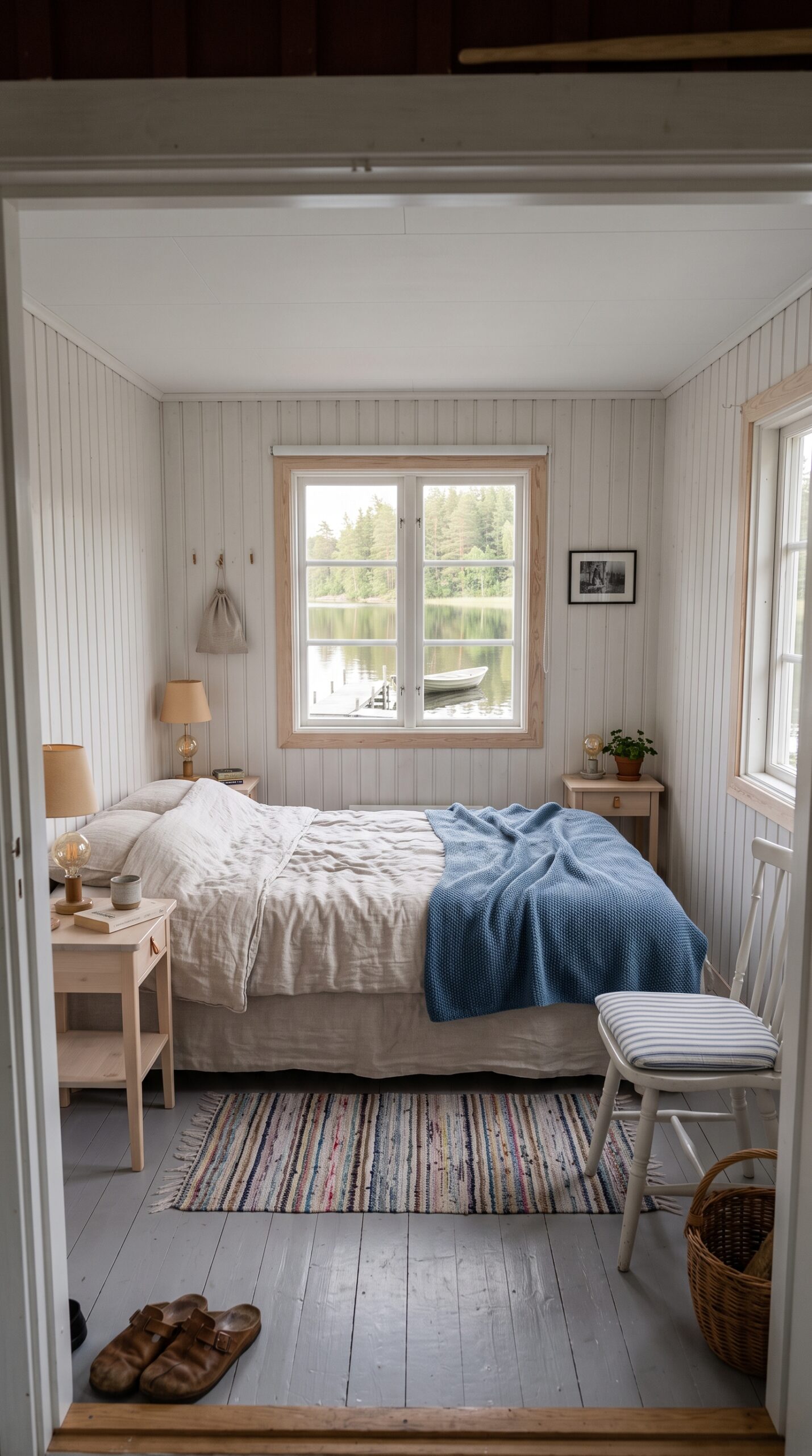 A cozy bedroom with a bed, two nightstands, and a large window overlooking the lake.