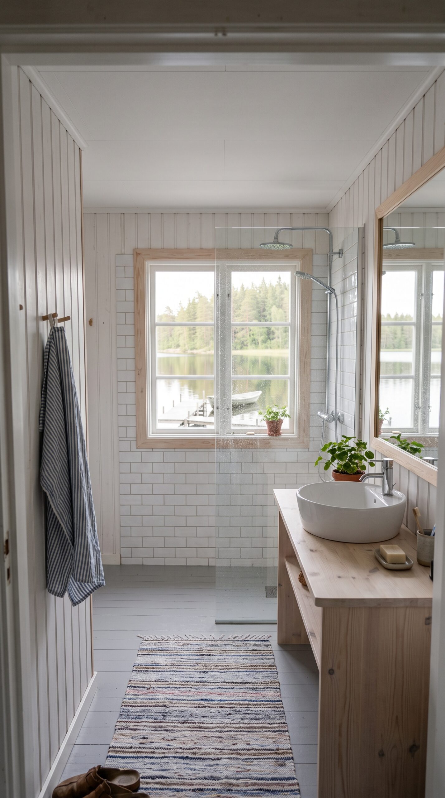 A clean bathroom featuring a wooden vanity, round sink, subway tiled shower, and a lake view window.