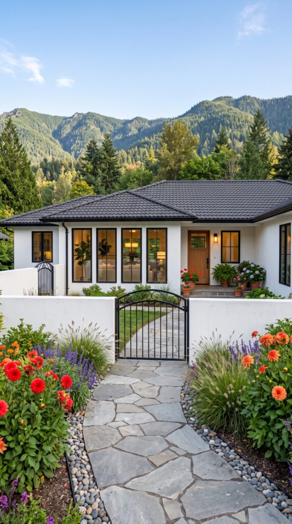 Front exterior of a white stucco house with a dark roof, a stone path, and vibrant flower beds leading to an iron gate, framed by lush mountains.