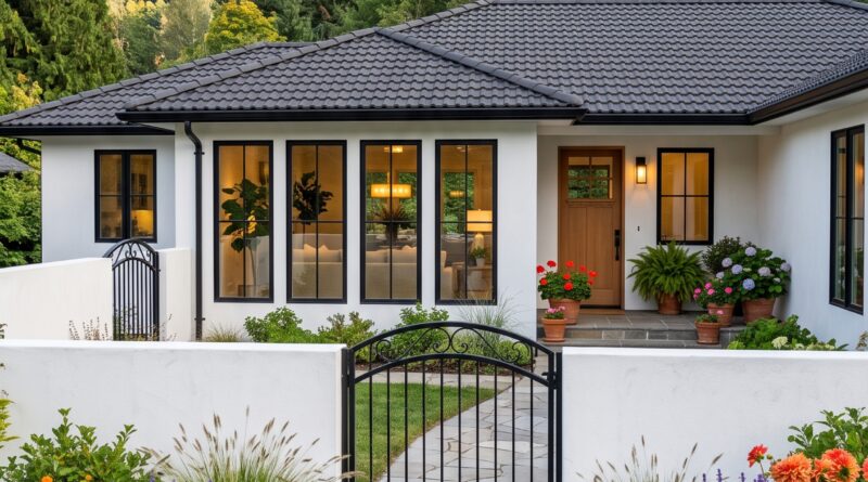 Front exterior of a white stucco house with a dark roof, a stone path, and vibrant flower beds leading to an iron gate, framed by lush mountains.