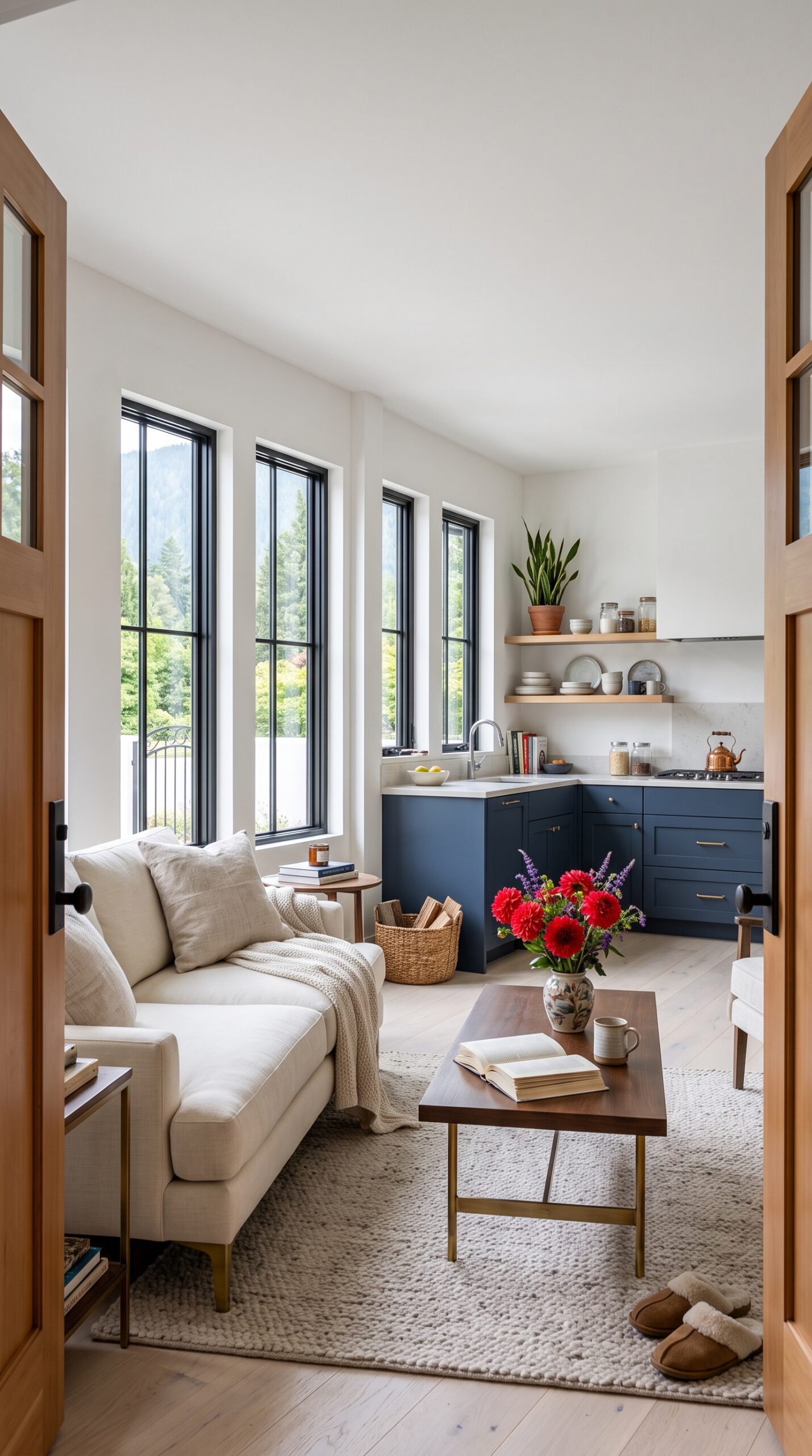Interior view of an open-concept living room and kitchen with a cream sofa, wood coffee table, navy blue kitchen cabinets, and large windows with mountain views.