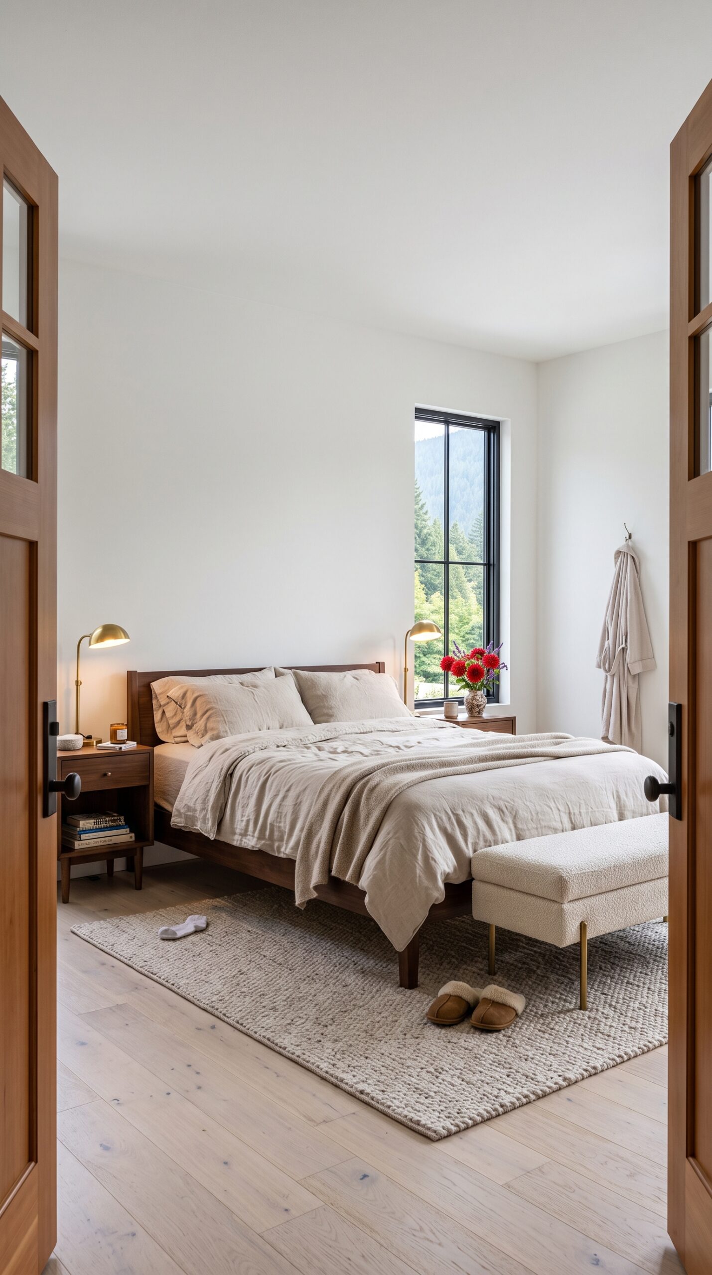 Bedroom with a wooden bed frame, neutral bedding, nightstands with lamps, and a large window showcasing mountain scenery.