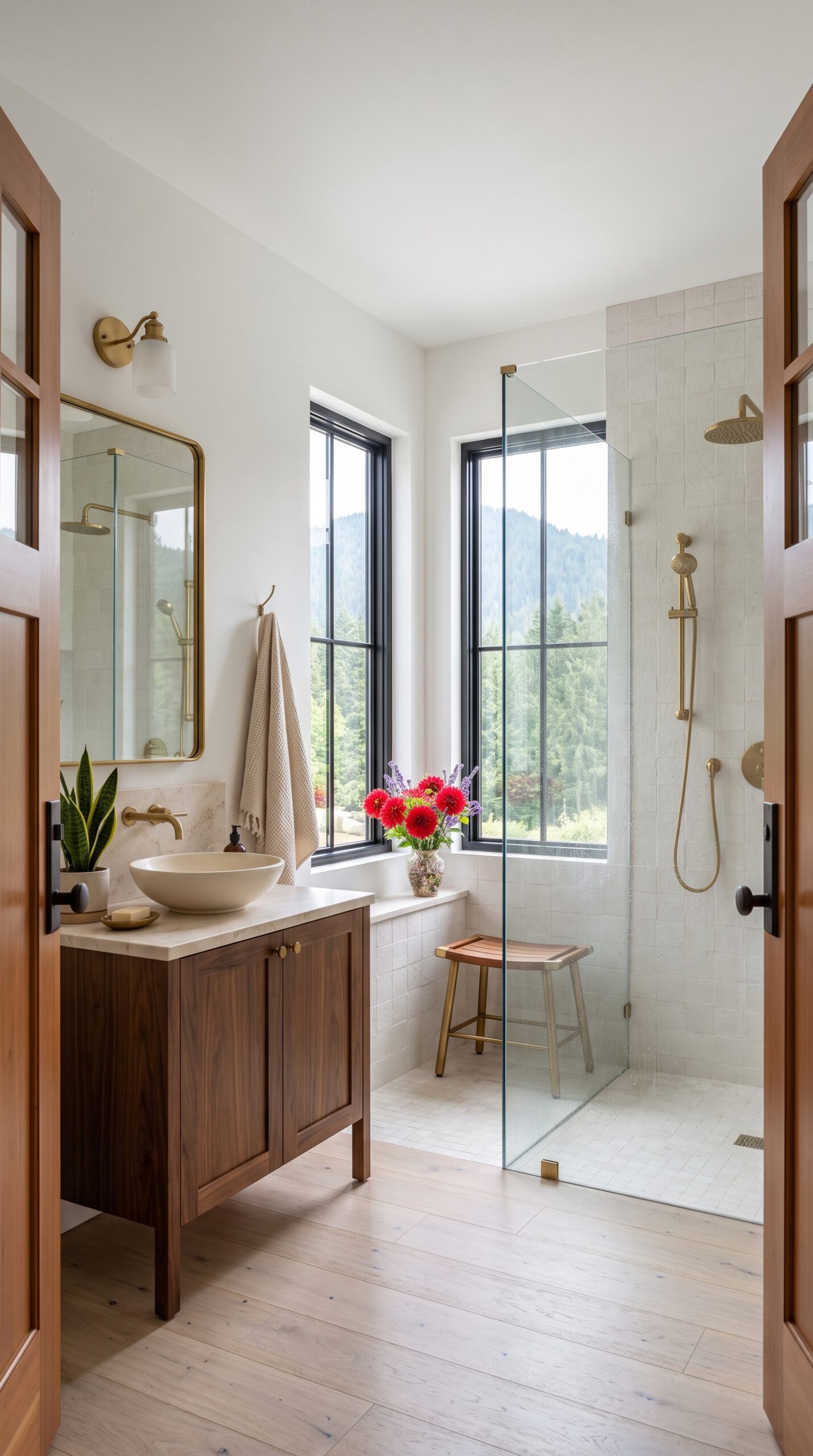 Bathroom with a wooden vanity, bowl sink, brass fixtures, a walk-in glass shower, and windows overlooking mountain views.