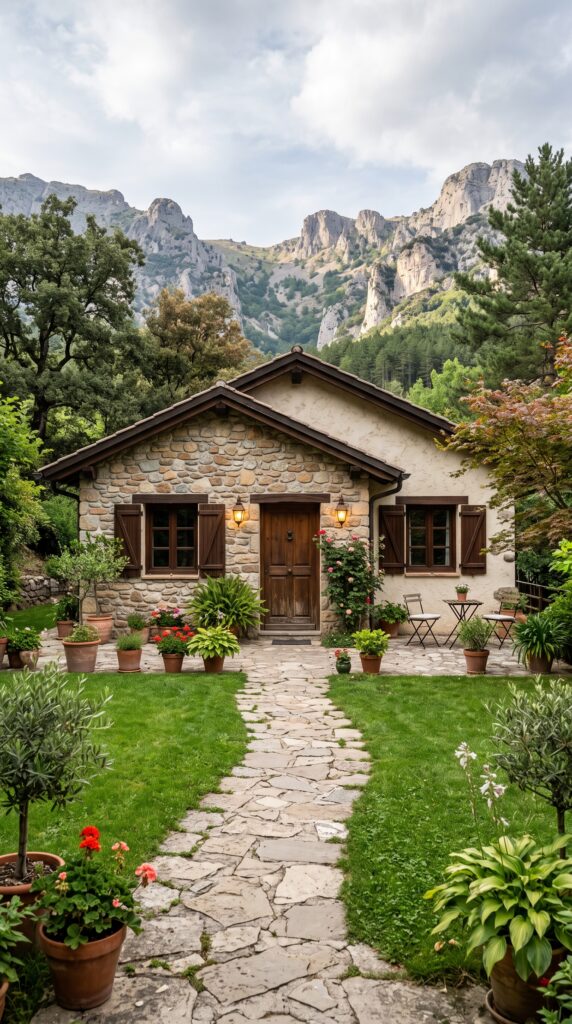 Exterior view of a stone house with wooden shutters, a green lawn, and mountains in the background under a cloudy sky.