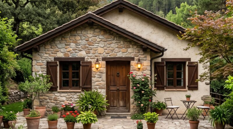Exterior view of a stone house with wooden shutters, a green lawn, and mountains in the background under a cloudy sky.