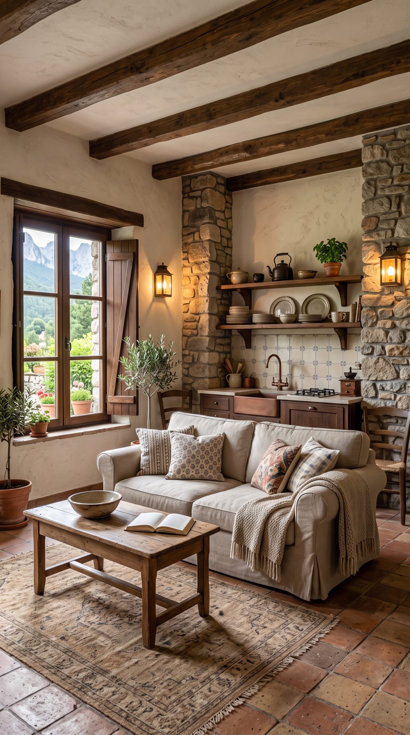 Interior view of a living room with a sofa, wooden coffee table, exposed beams, stone walls, and a small kitchen area.