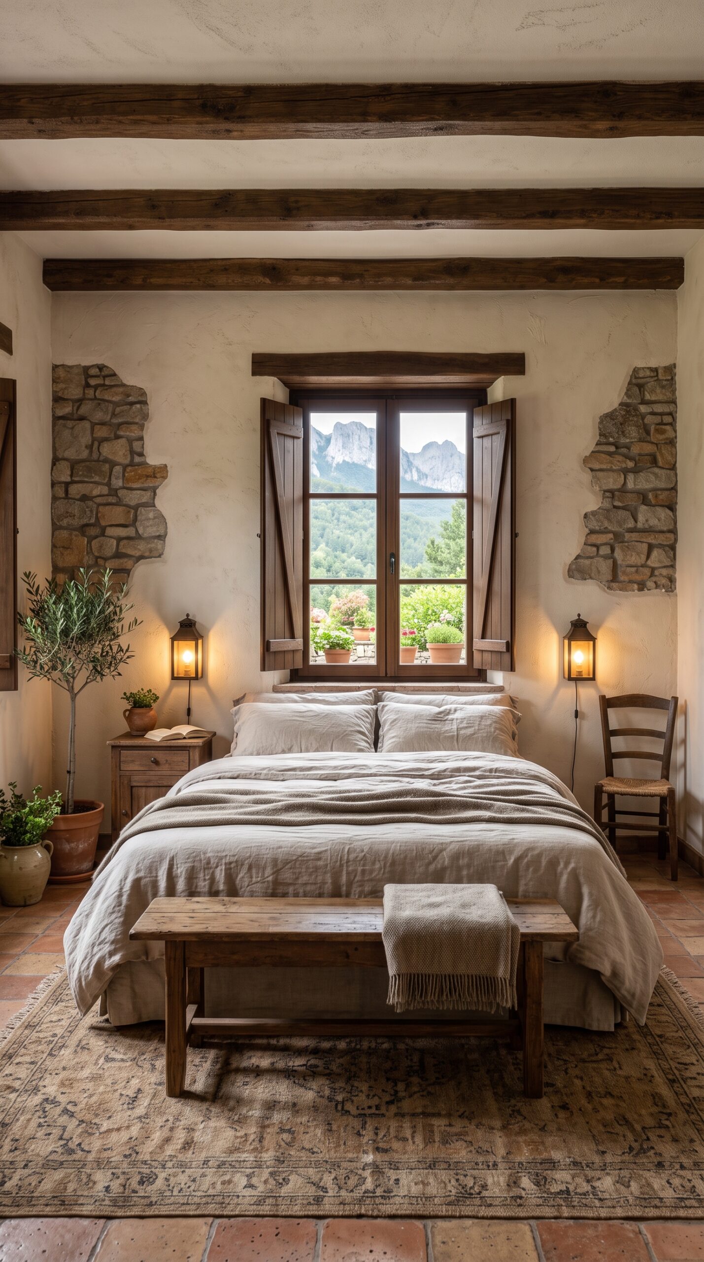 Bedroom with a bed, wooden nightstands, lanterns, exposed beams, stone accents, and a large window overlooking mountains.