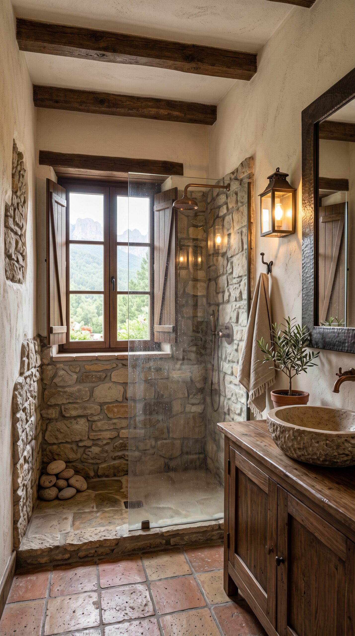 Bathroom with a stone shower, wooden vanity with stone basin, mirror, lantern, and a window with mountain views.