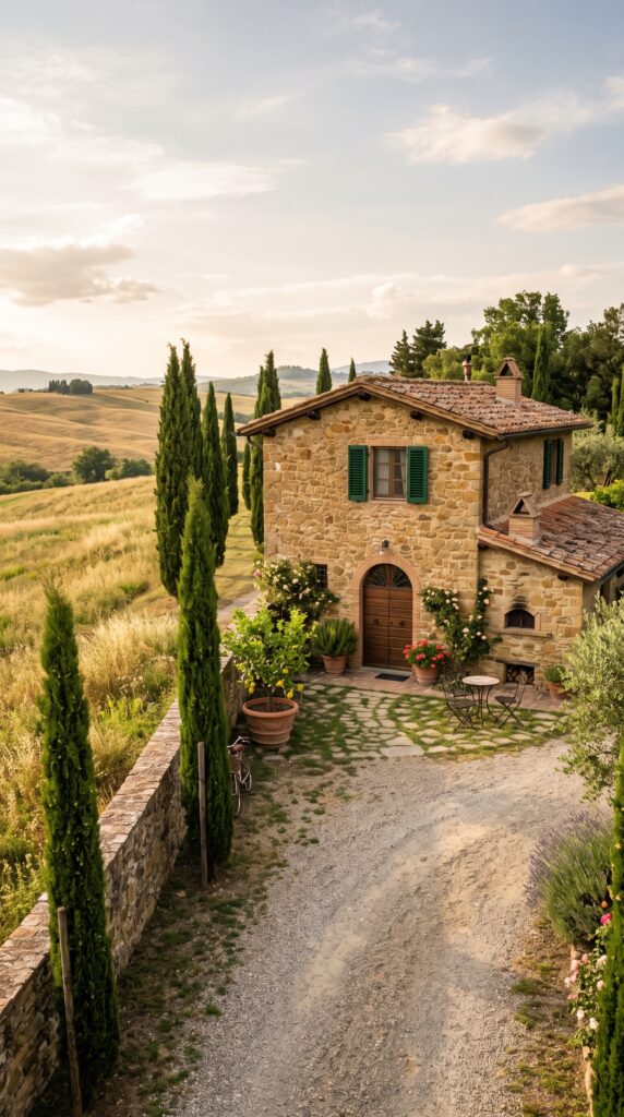 Exterior view of a two-story stone house with a terracotta roof, green shutters, and cypress trees.