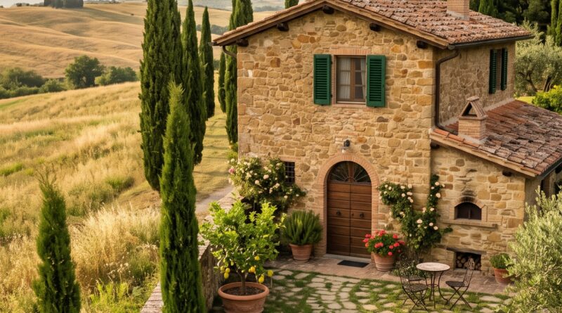 Exterior view of a two-story stone house with a terracotta roof, green shutters, and cypress trees.