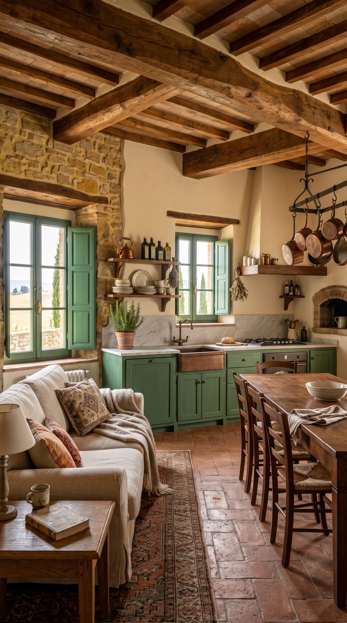 Interior view of a living room and kitchen with exposed wooden beams, stone wall, green cabinets, and a long dining table.