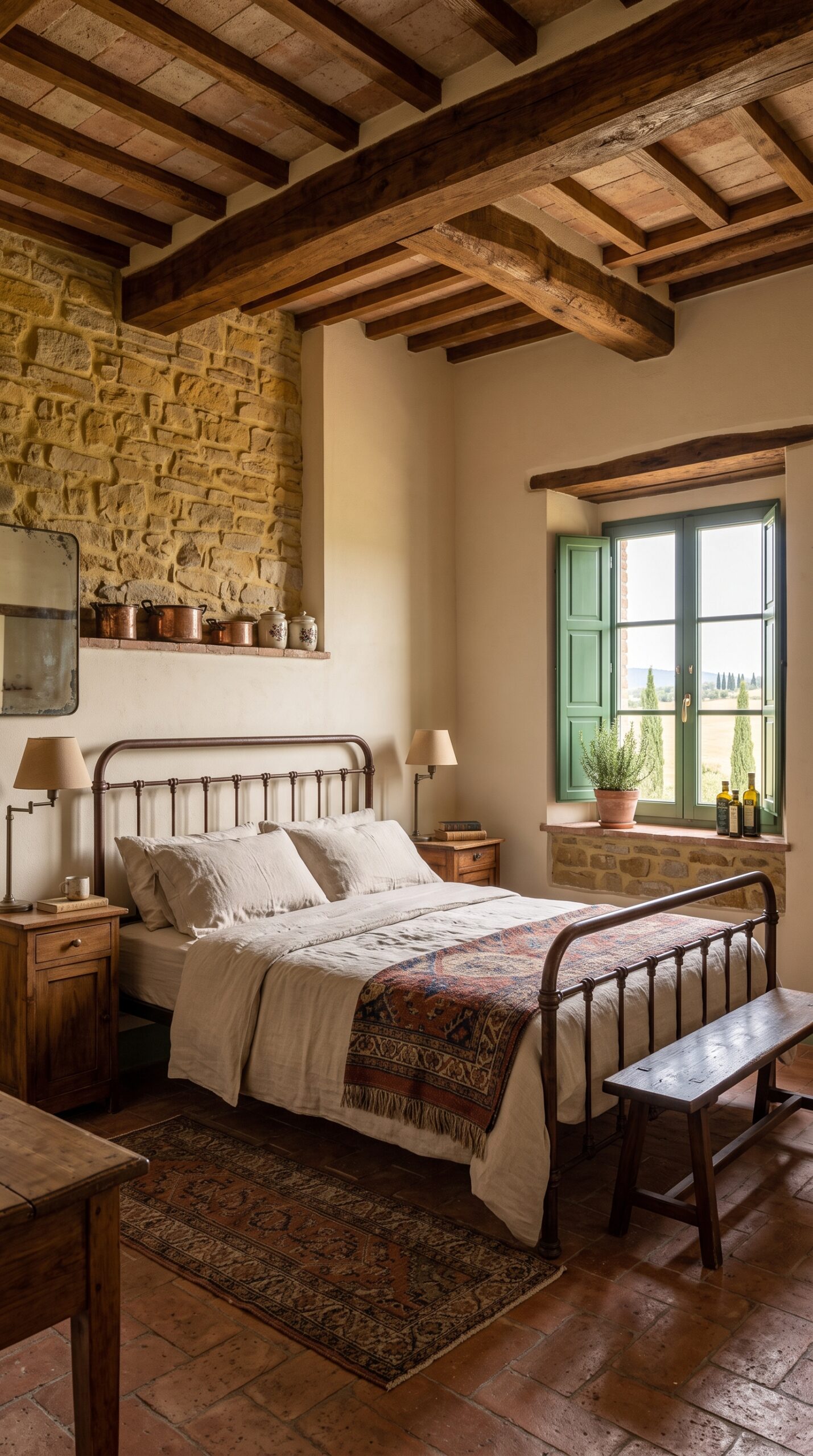 Bedroom with an iron bed, exposed stone wall, wooden beams, a patterned rug, and a window with green shutters.