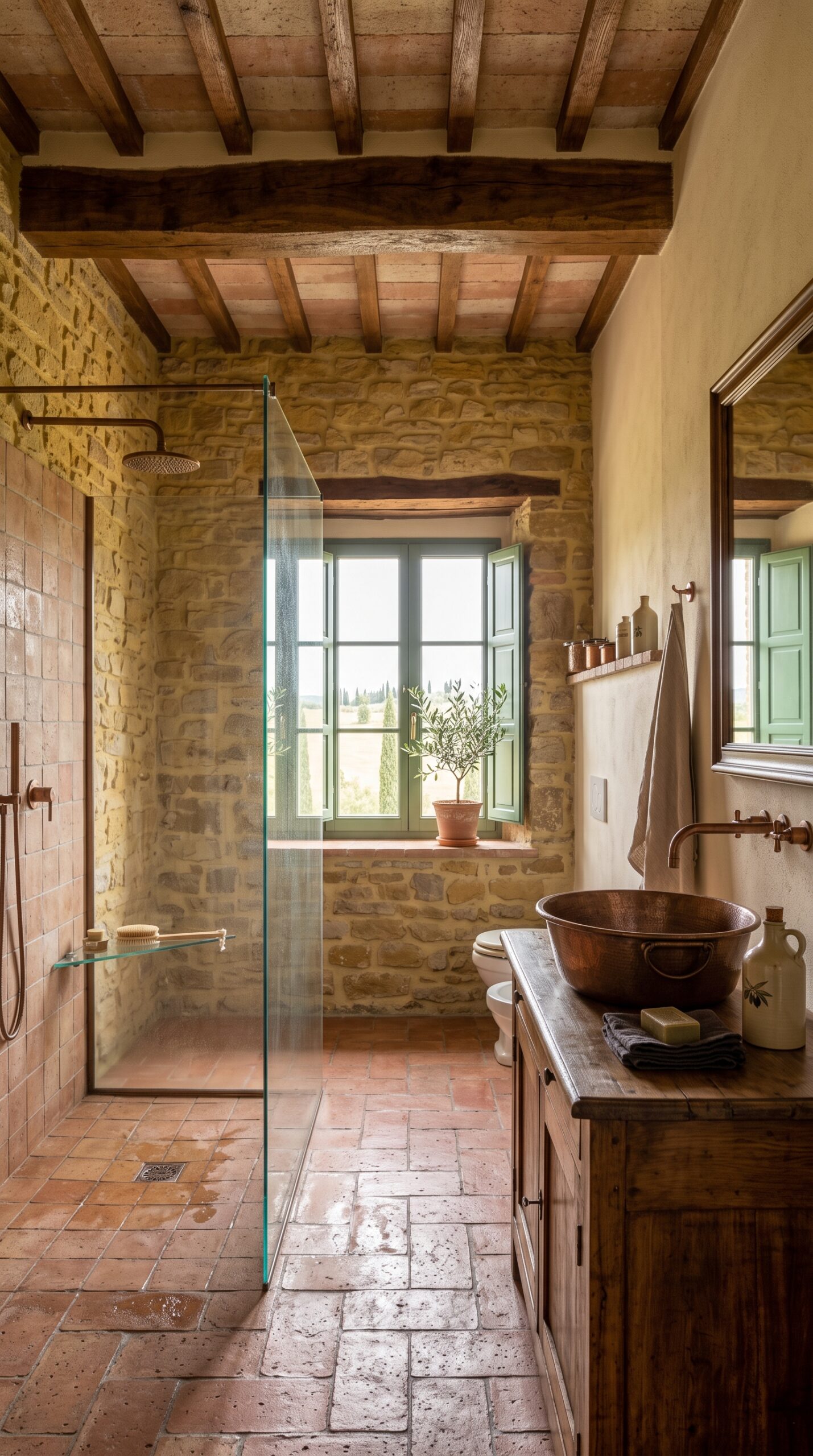 Bathroom with a stone-tiled walk-in shower, wooden vanity with a copper sink, and a window with green shutters.