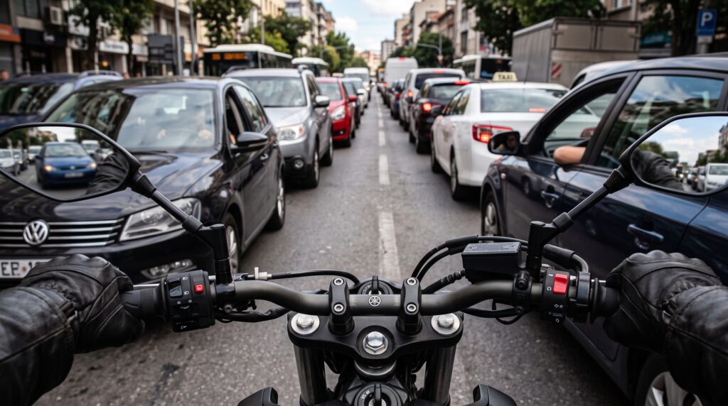 Motorcyclist filtering between two lanes of slow-moving traffic
