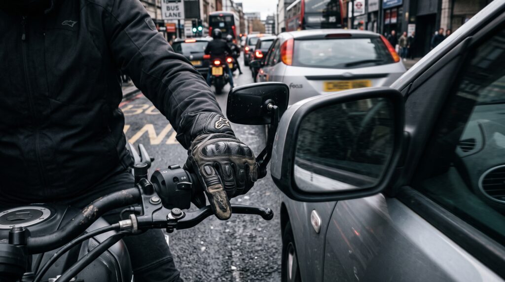 Rider waiting in a queue of stopped cars in heavy traffic