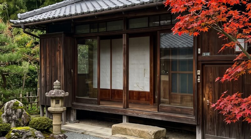 Exterior view of a dark wooden Japanese-style house with a tiled roof and a vibrant red maple tree in front of a zen garden and bamboo forest.