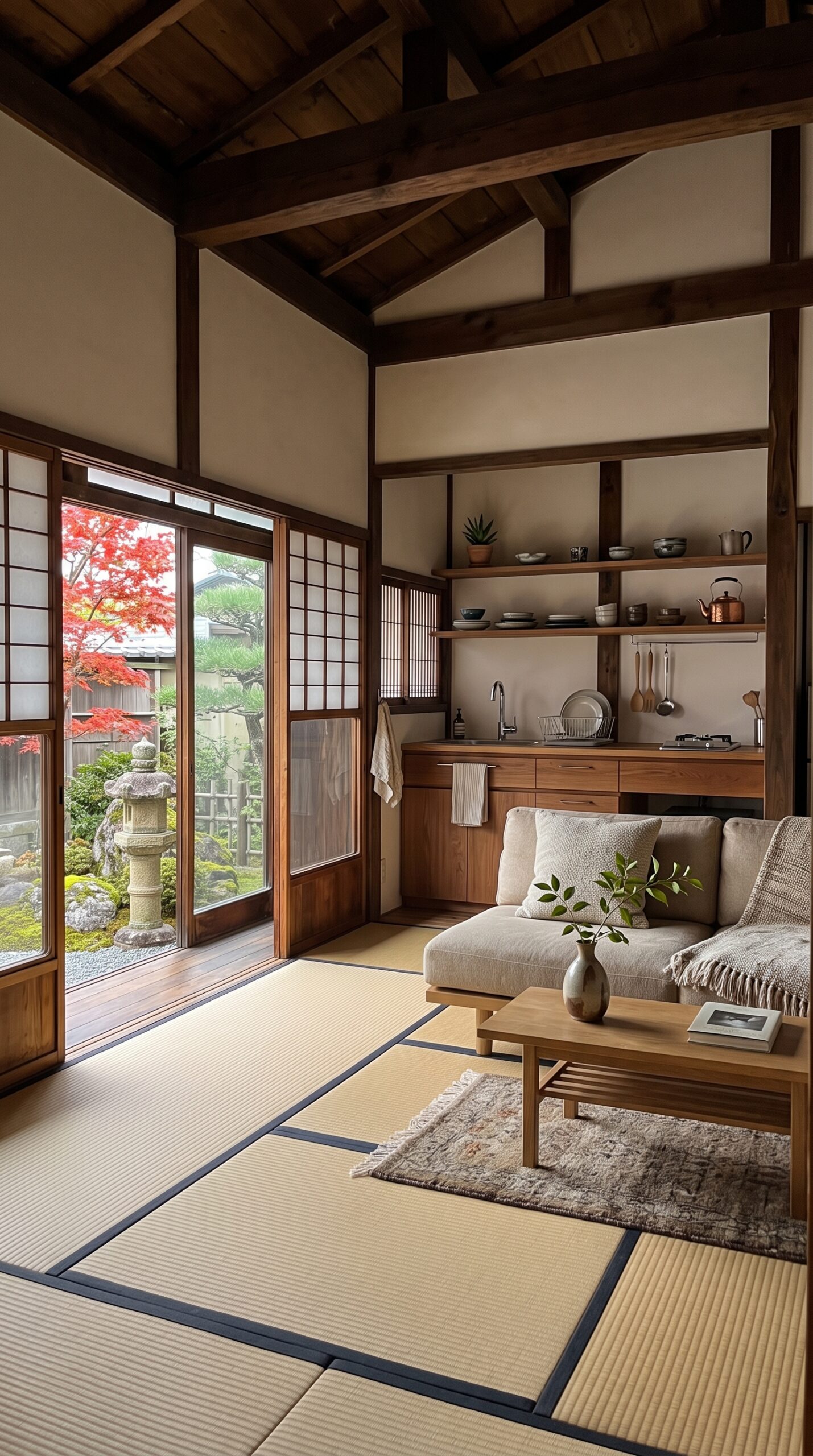 Interior view of a small Japanese-style living space with tatami mats, a light sofa, and a compact kitchen, opening to a garden.