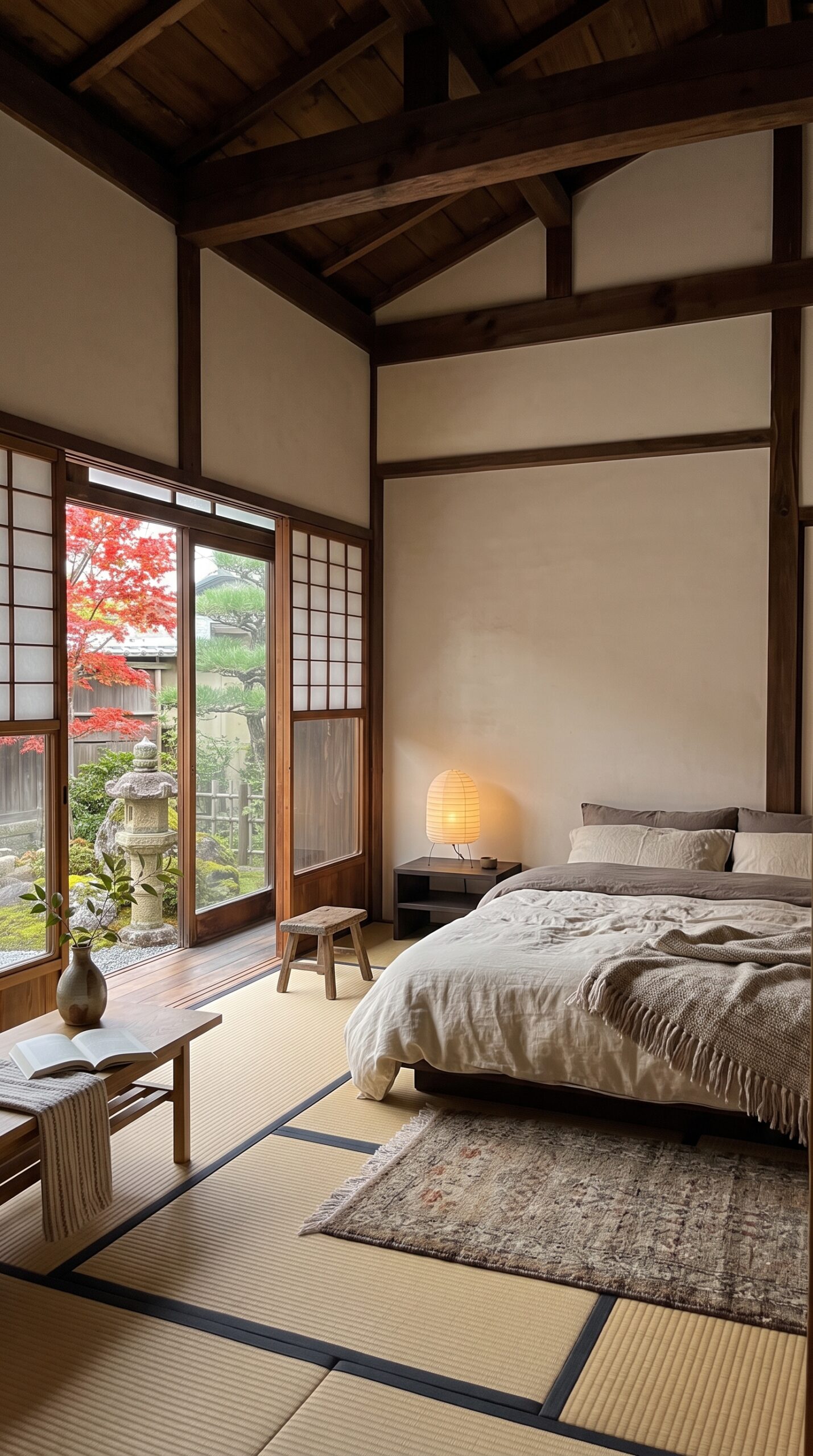 Interior view of a Japanese-style bedroom with a low bed, paper lantern, and sliding doors opening to a garden with a stone lantern.