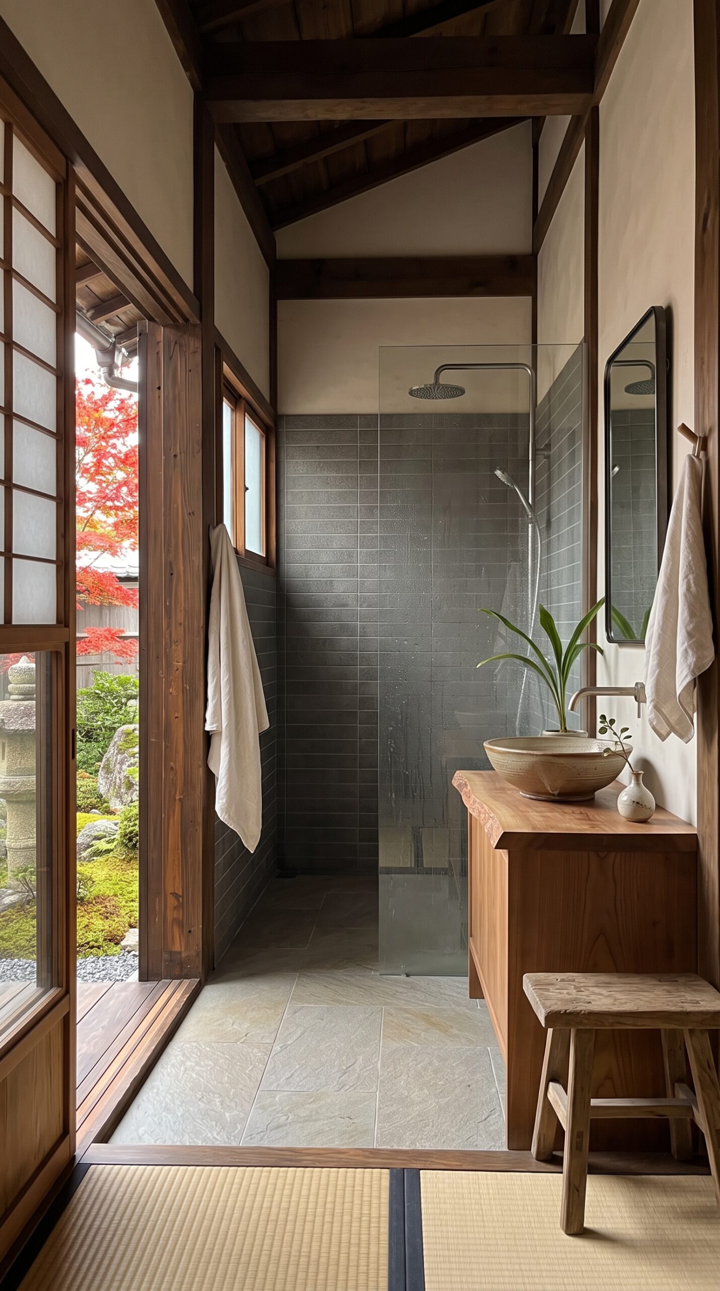 Interior view of a modern bathroom with a walk-in shower, wooden vanity with a bowl sink, and an open doorway to a garden.
