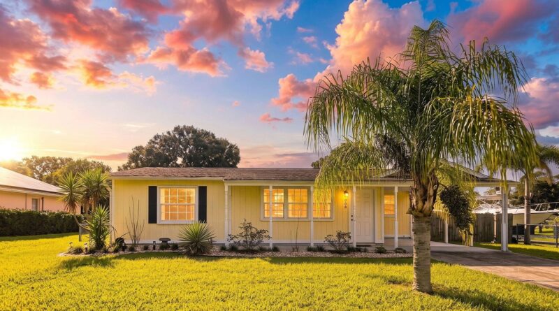 Front exterior of the yellow Sebastian home at sunset