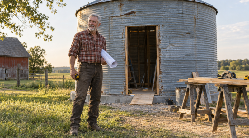 Daniel Reed beside the old grain silo at the beginning of construction